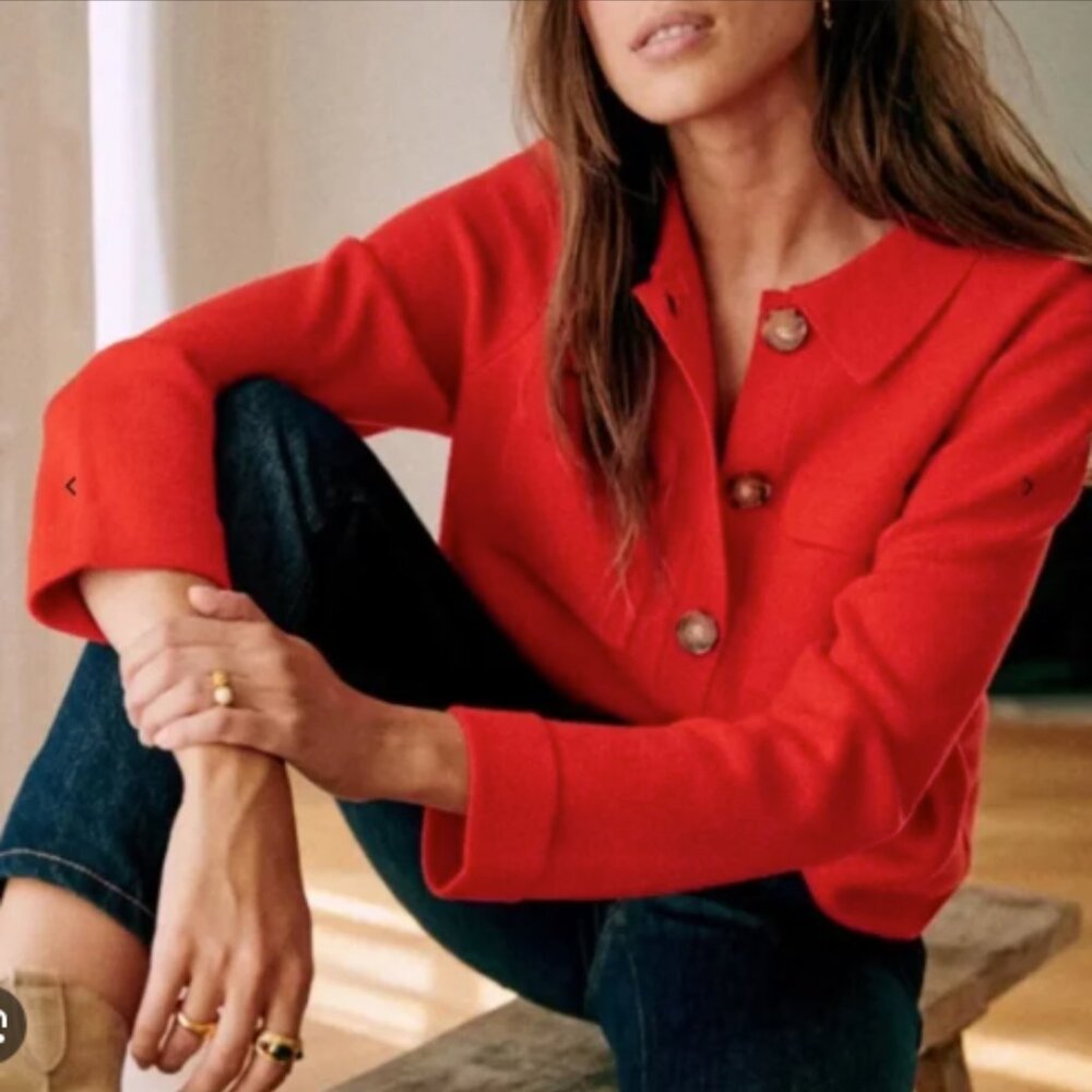 Sezane Betty Cardigan in Coral Red Long Sleeves Wool Medium